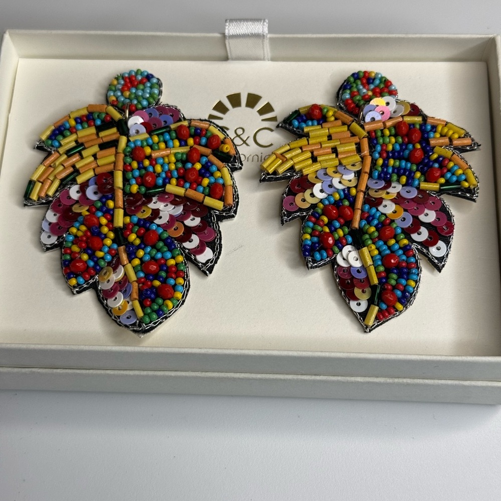 C&C California Palm Leaf Seed Bead & Sequin Multi-Color Earrings.